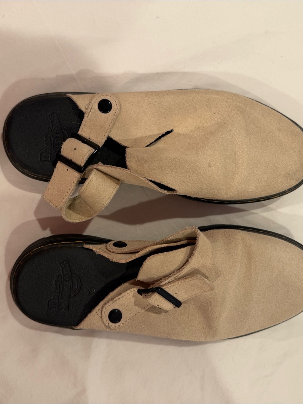 Dr. Martens Beige Suede Slip-On Clogs with Adjustable Strap